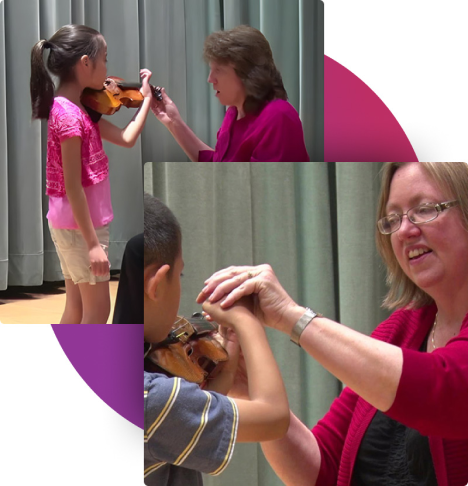 Teachers instructing children to play a violin